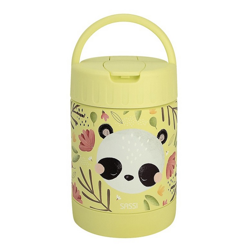 Portapranzo termico giallo per bambini decorato con panda e foglie in acciaio inossidabile, con cucchiaio incluso e maniglia estraibile per agevolare il trasporto